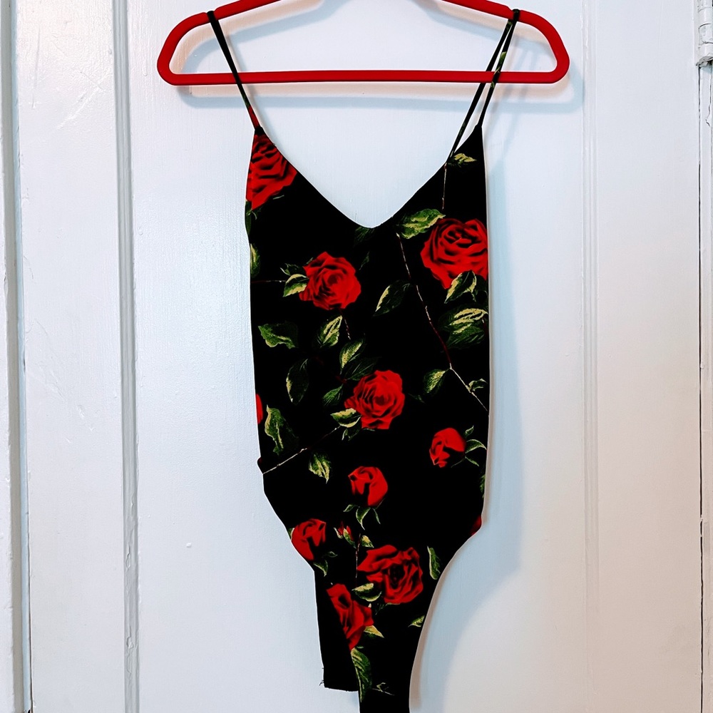 Black bodysuit with red roses